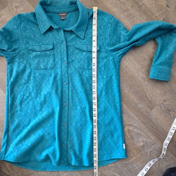 Eddie Bauer Womens L Teal Fleece Button-Up Shirt Sweater Paisley Pattern - Picture 8 of 9